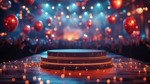 A modern podium set up in grand event hall, surrounded by festive balloons and sparkling lights, creating vibrant atmosphere