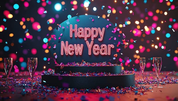 A Happy New Year sign surrounded by colorful confetti and sparkling glasses, creating festive atmosphere for celebration