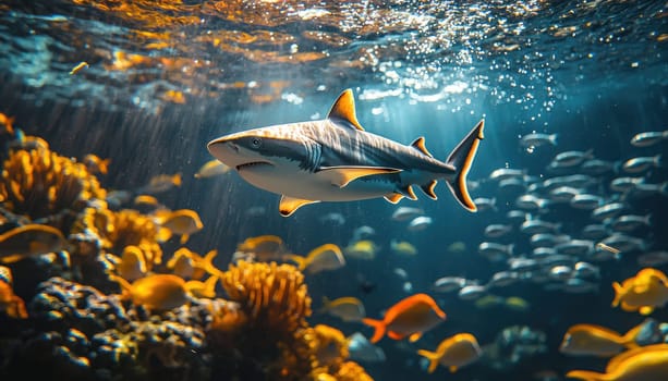 A dynamic underwater scene featuring shark swimming gracefully among colorful fish and vibrant coral reefs, showcasing marine life beauty