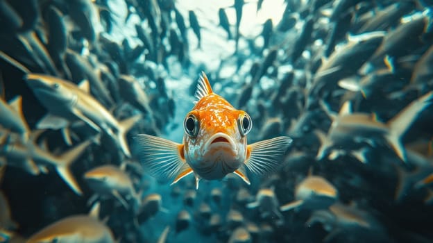 A close up of tiny fish with vibrant orange and white colors, surrounded by school of smaller fish, showcasing its determined expression