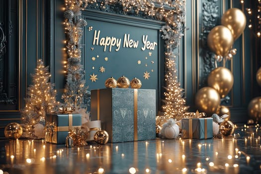 A festive New Year scene featuring beautifully wrapped gifts, golden decorations, and warm ambiance