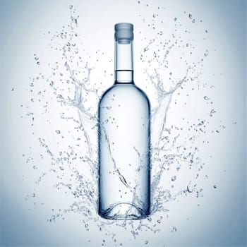 Transparent bottle filled with liquid is standing in the middle of a big splash of water, creating interesting shapes and reflections