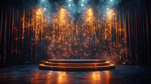 A grand stage with glowing lights and sparkling effects creates festive atmosphere. Perfect for celebrations and events