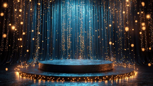 A grand event stage with circular podium, shimmering lights, and elegant curtains creates festive atmosphere