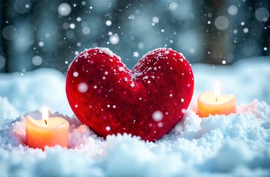 A red heart-shaped decoration rests among soft snow, accompanied by glowing candles, creating a romantic atmosphere for Valentine's Day.