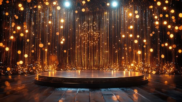A glamorous stage setup with sparkling lights and circular podium, perfect for events. shimmering backdrop creates festive atmosphere