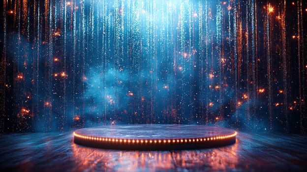 A vibrant stage with sparkling lights and circular podium, perfect for events. atmosphere is filled with excitement and anticipation