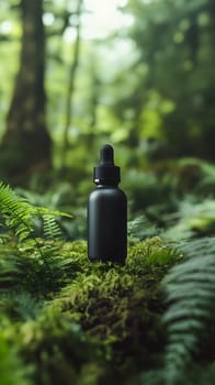 A black dropper bottle on moss in a lush forest setting.