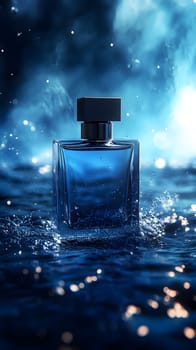 A blue perfume bottle surrounded by water and soft lighting effects.