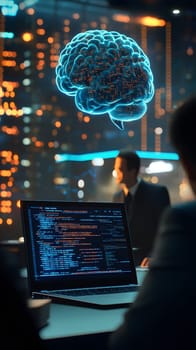 A business meeting with a digital brain visualization above.