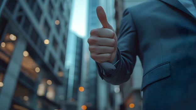 A businessman giving a thumbs-up in an urban setting.