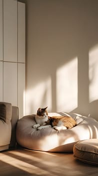 A cat relaxing on a cozy cushion in a sunlit room.