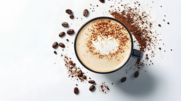 A coffee cup topped with cocoa powder and surrounded by coffee beans.