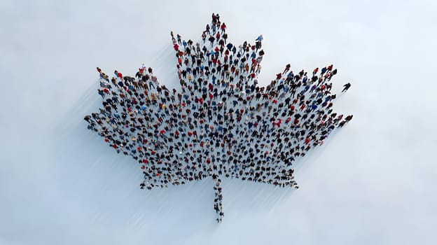 A crowd forms a maple leaf shape, symbolizing unity and identity.