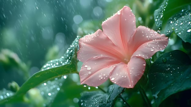 A delicate pink flower adorned with raindrops in a lush environment.