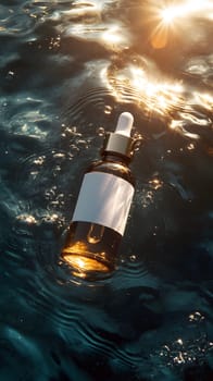 A dropper bottle floating in water, reflecting sunlight.
