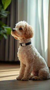A fluffy dog sitting by a window, basking in soft light.