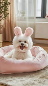 A fluffy dog wearing bunny ears sits happily in a pink pet bed.