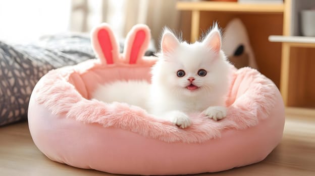A fluffy white kitten lounging in a pink, cozy pet bed.