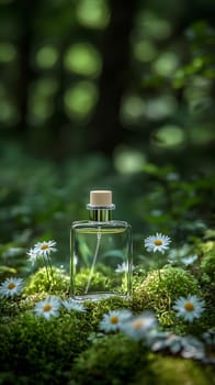 A glass perfume bottle surrounded by flowers and moss in a forest.