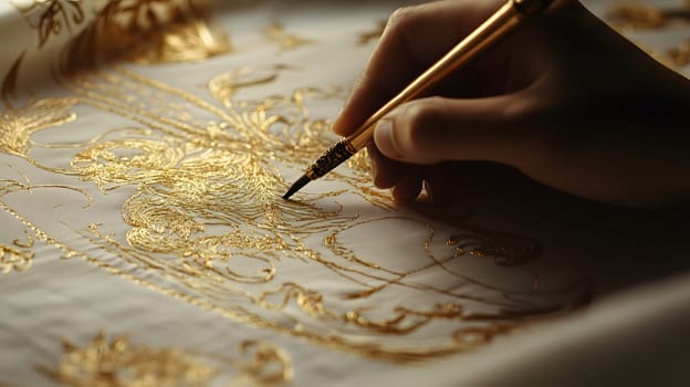 A hand delicately sketches intricate golden embroidery patterns.