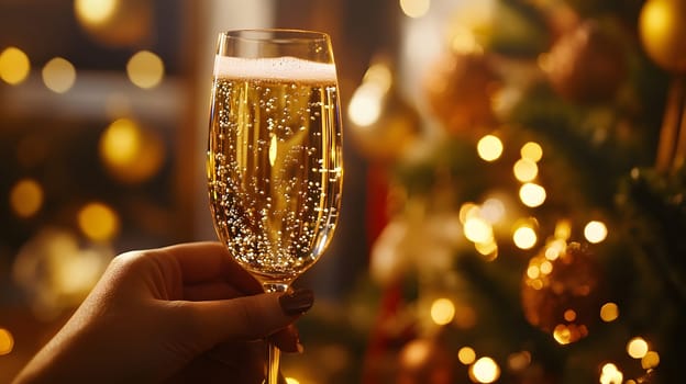 A hand holding a champagne glass with festive bokeh background.