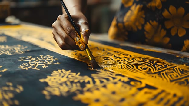A hand painting intricate yellow designs on dark fabric.