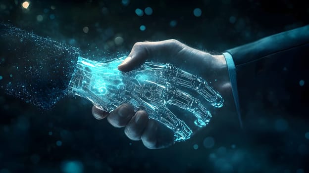 A human hand shakes a robotic hand, symbolizing collaboration.