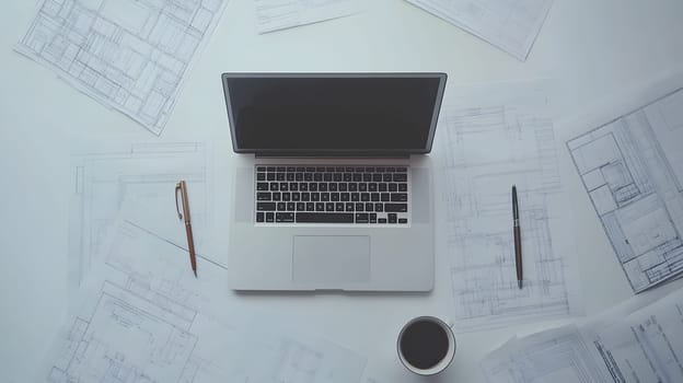 A laptop surrounded by architectural blueprints and a coffee cup.