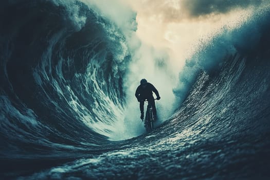 A cyclist rides along the shore next to a huge crashing wave.