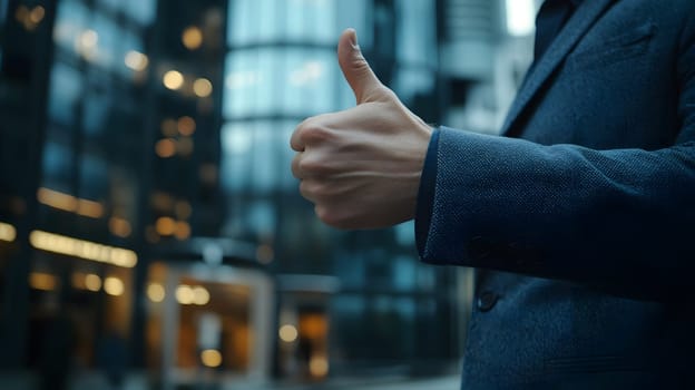 A person giving a thumbs-up gesture in an urban setting.