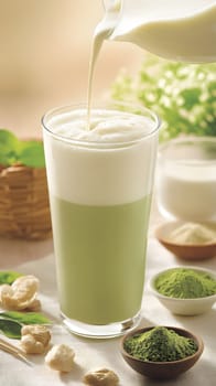 A refreshing layered drink featuring green tea and foamy milk.