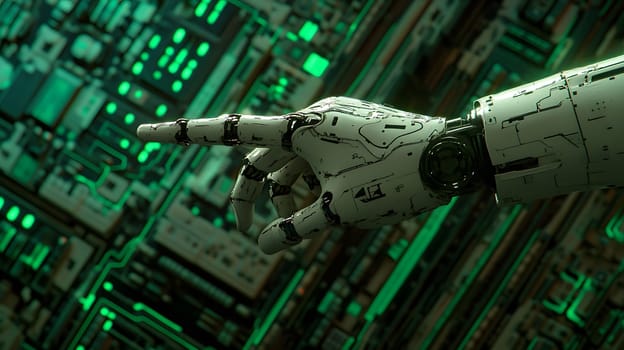 A robotic hand reaching out against a circuit board background.