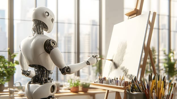 A robot painting on an easel in a bright, plant-filled studio.