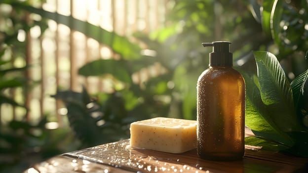 A serene bathroom scene with a soap bar and a lotion bottle.