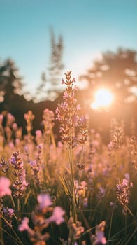 A serene field of flowers illuminated by a sunset glow.
