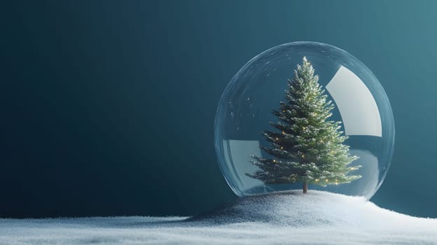 A snow globe featuring a decorated Christmas tree on a snowy base.