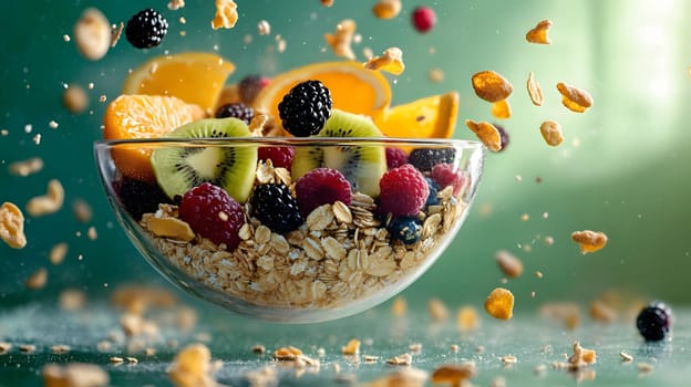 A vibrant bowl of granola topped with fresh fruits and nuts.