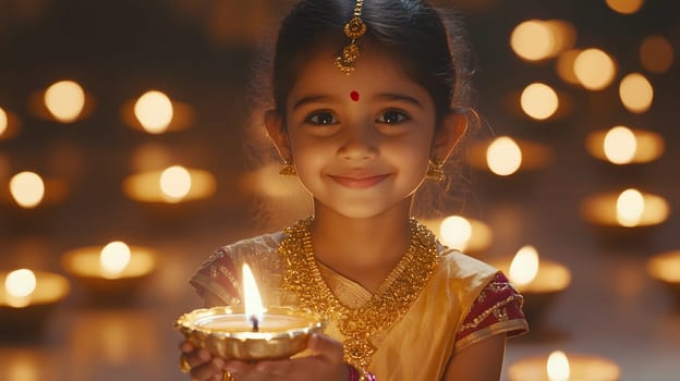A young girl holding a lit diya, surrounded by glowing candles.