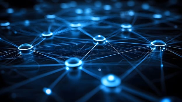 Abstract network of interconnected nodes and lines in blue hues.