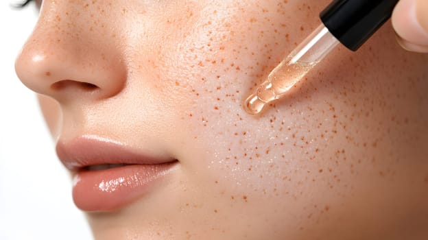 Close-up of a person applying serum to their freckled skin.