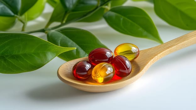 Colorful gel capsules on a wooden spoon surrounded by green leaves.