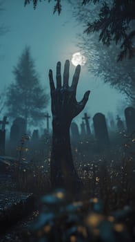 Eerie graveyard scene with a hand reaching towards a full moon.