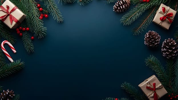 Festive holiday arrangement with gifts, pinecones, and decorations.