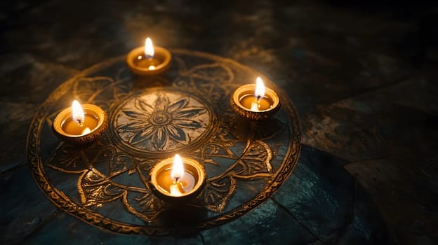 Four lit oil lamps arranged on an ornate surface for ambiance.