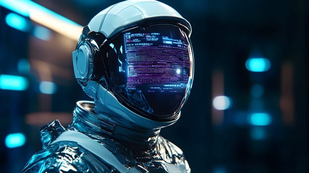Futuristic astronaut helmet displaying digital data and technology.