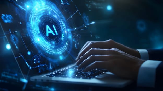 Hands typing on a laptop with an AI interface in a digital environment.