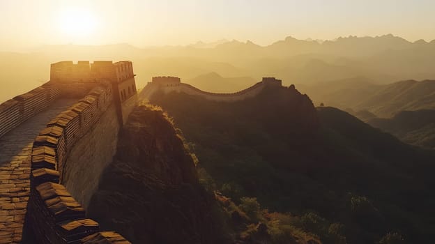 Majestic view of the Great Wall at sunset over mountainous terrain.