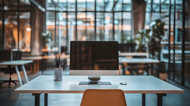 Modern office workspace with computer and minimalistic design.