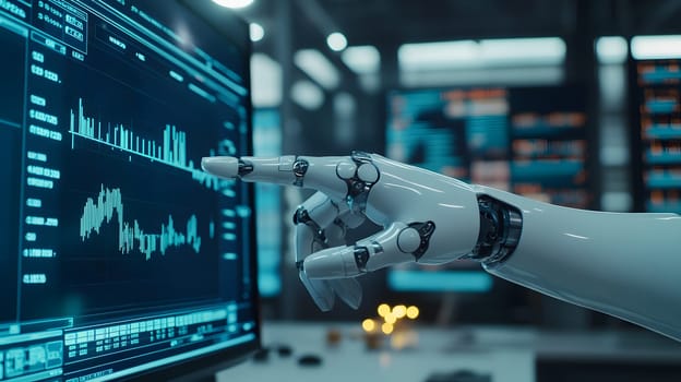 Robotic hand interacting with data analytics on a computer screen.